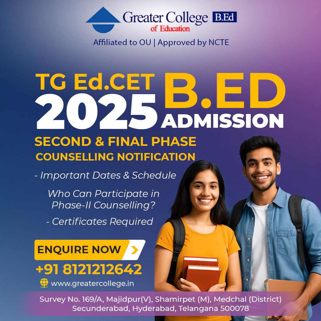 indian college students standing with text written TG Ed.CET 2025 B.Ed Admission Second and Final Phase Counselling Important Dates and Schedule, who can participate in phase 2 counselling